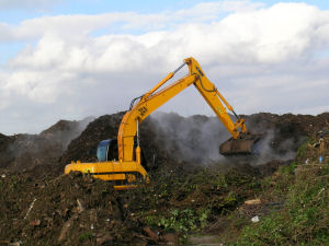 Jcb working with green waste windrows at composting facility